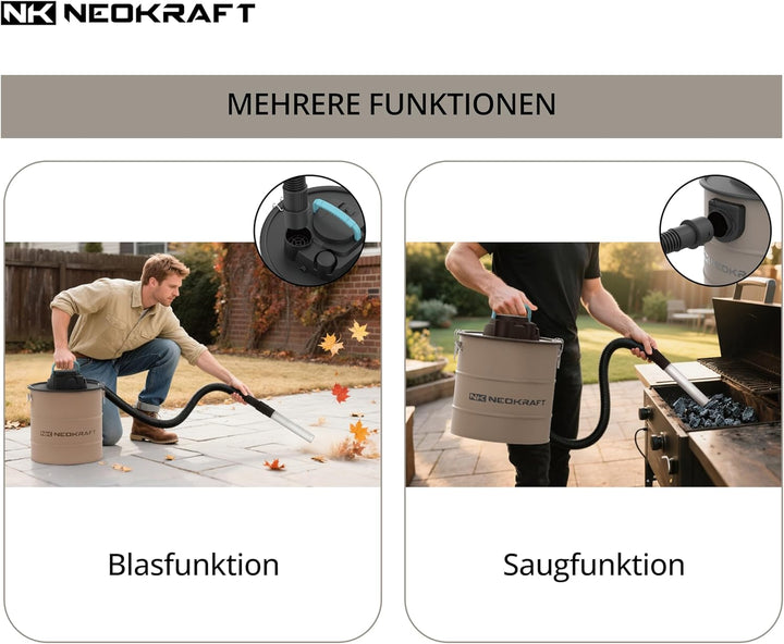 Neokraft Aschesauger 1600W – Elektrischer Aschestaubsauger für Kamin und Grill – Saugen und Blasen –