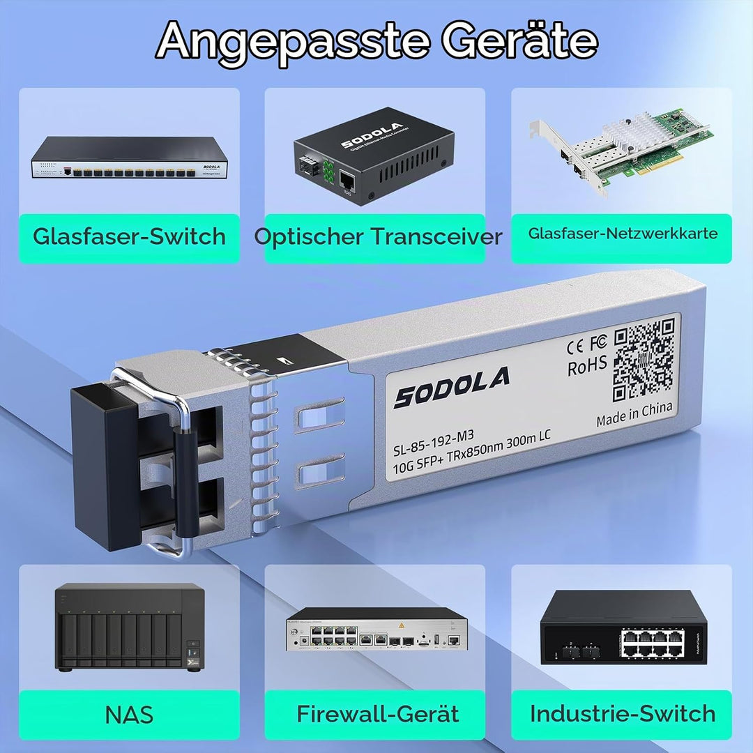 10GBase-SR SFP+ Transceiver, 850nm MMF, bis zu 300 Meter, Kompatibel mit Cisco SFP-10G-SR, Meraki MA
