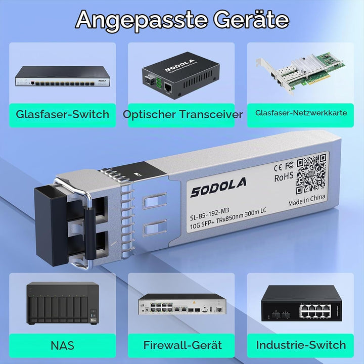 10GBase-SR SFP+ Transceiver, 850nm MMF, bis zu 300 Meter, Kompatibel mit Cisco SFP-10G-SR, Meraki MA