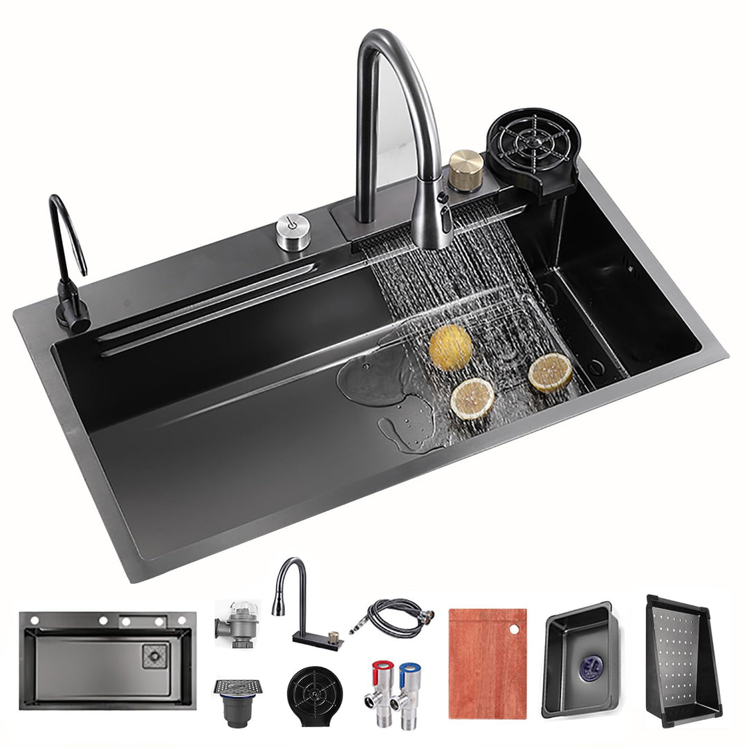 Spülbecken Küchenspüle Waschbecken Küche Edelstahl, Waterfall Spüle Küche Schwarz Mit Cup Washer, Ei