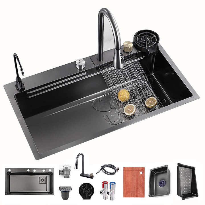 Spülbecken Küchenspüle Waschbecken Küche Edelstahl, Waterfall Spüle Küche Schwarz Mit Cup Washer, Ei