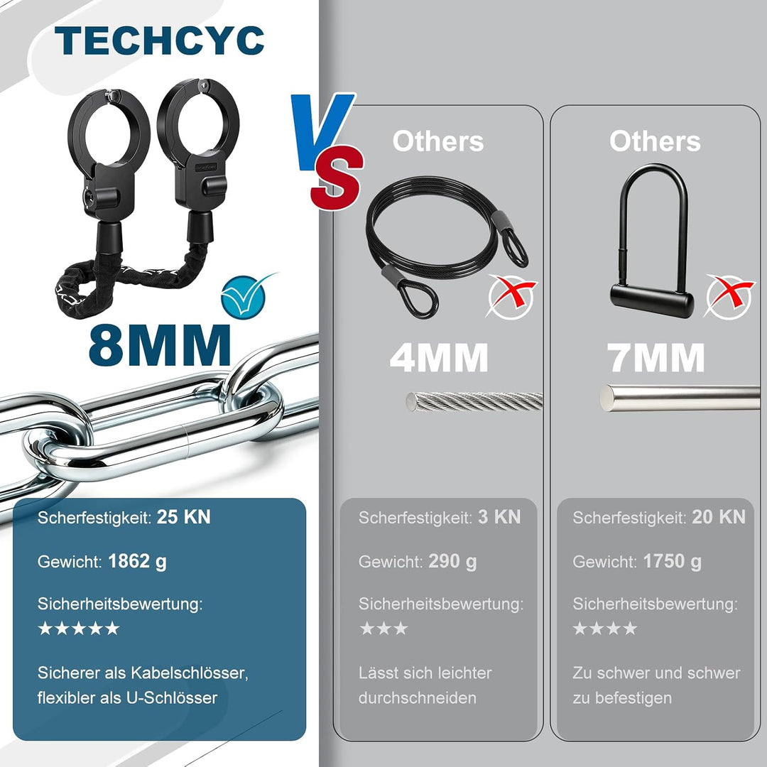 TECHCYC E-Scooter Schloss 8mm | Handschellenschloss 3 Stufen Verstellbare | Gehärteter Stahl | gegen