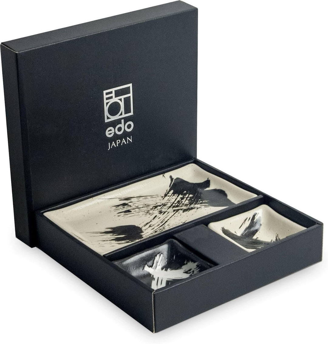 Sushiset HAKE Porzellan Sushi Set hergestellt in Japan Geschenkset schwarz-weiss zwei Sushi Teller z