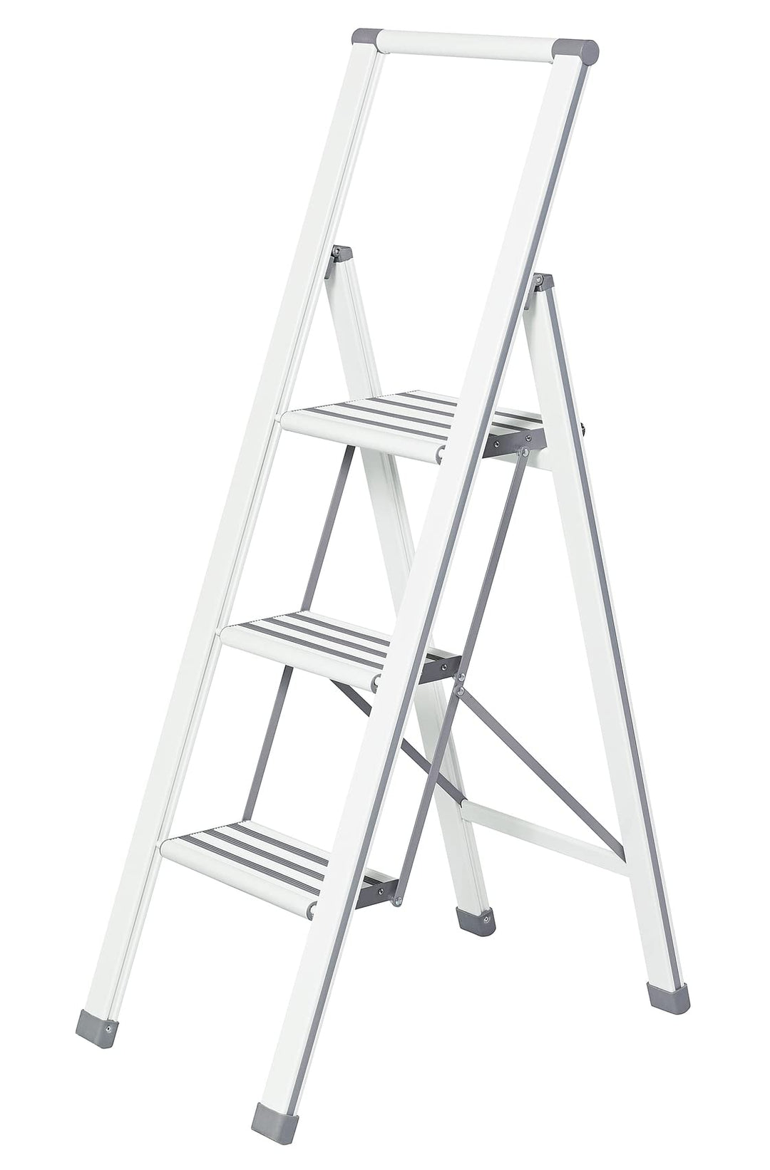 WENKO Leichte Aluminium Trittleiter mit 3 Stufen für 75 cm höheren Stand, rutschsichere XXL-Stufen,
