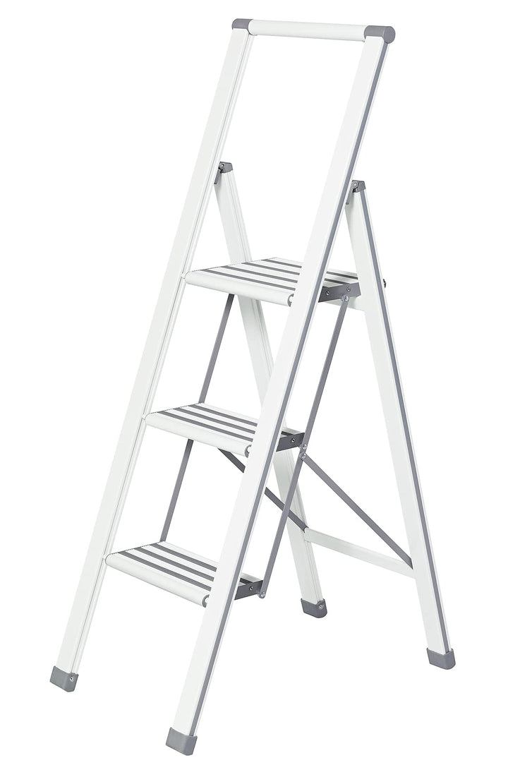 WENKO Leichte Aluminium Trittleiter mit 3 Stufen für 75 cm höheren Stand, rutschsichere XXL-Stufen,
