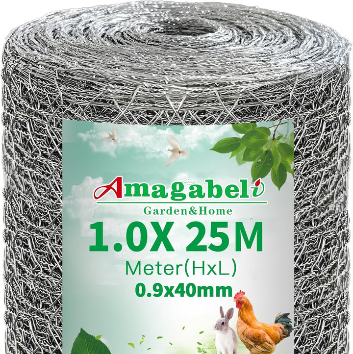 Amagabeli 1M x 25M Maschenweite 40mm Sechseckig Verzinkt Hühnerzaun Kaninchendraht Hasengitter Feinm