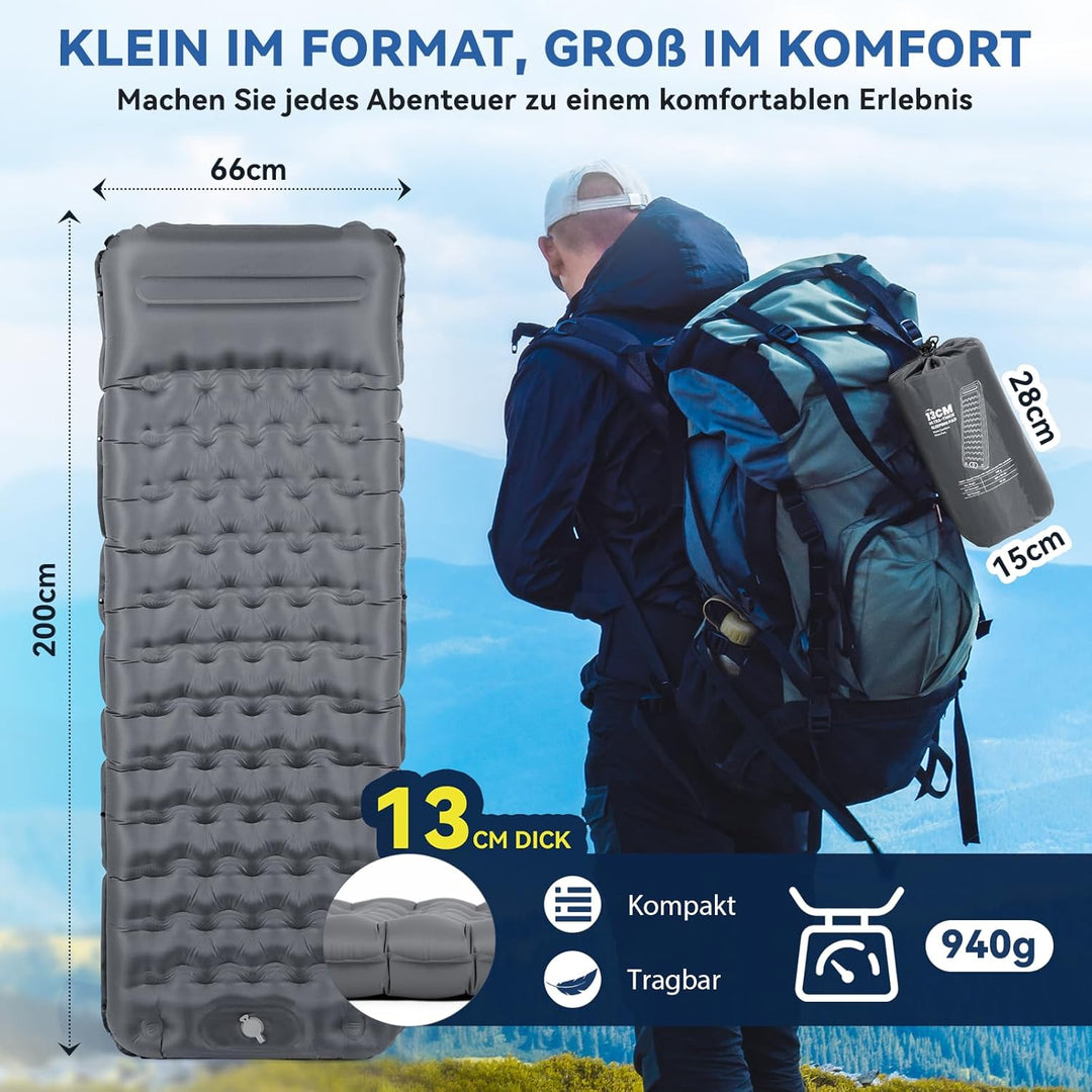 HIKENTURE Camping Isomatte, 13CM Ultradicke Isomatte Camping mit Kissen, Aufblasbare Luftmatratze Kl