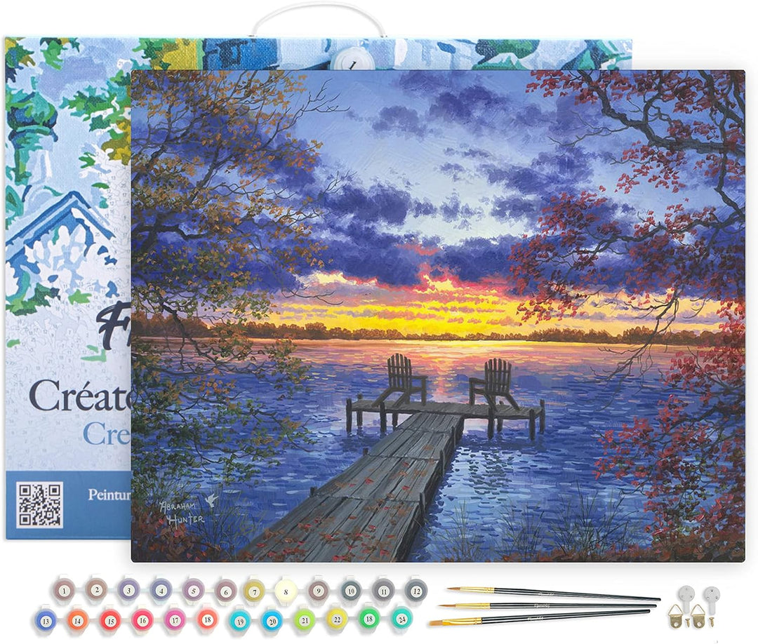 Figured'Art Malen Nach Zahlen Erwachsene Mit Rahmen Eine Abenddämmerung am Flusssteg - Paint by Numb