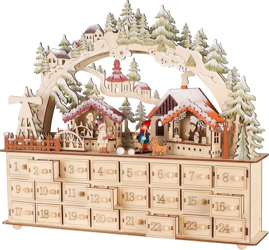 BRUBAKER Adventskalender zum Befüllen - Weihnachtsdorf 2025 - Weihnachtskalender aus Holz mit LED Be
