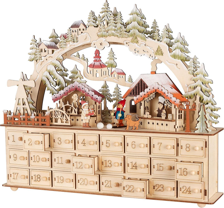 BRUBAKER Adventskalender zum Befüllen - Weihnachtsdorf 2025 - Weihnachtskalender aus Holz mit LED Be