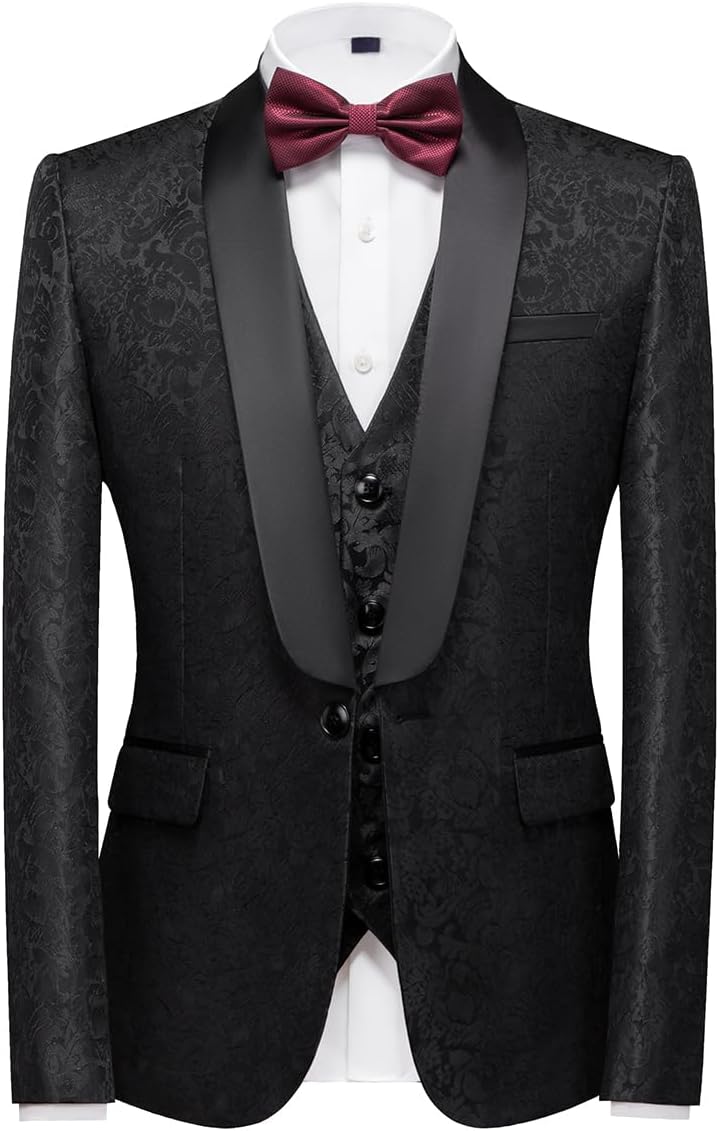 KUDORO Herren Anzüge 3-Teilig Slim Fit Paisley für Hochzeit Party Eine Knöpfe Jacquard Smoking Herre