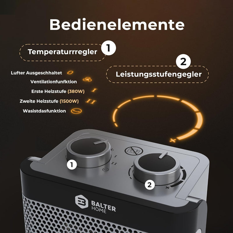 BALTER Heizlüfter Energiesparend Leise, 1500W Heizstrahler, Heizung innenraum Bad, 15°C - 35°C, 3 St