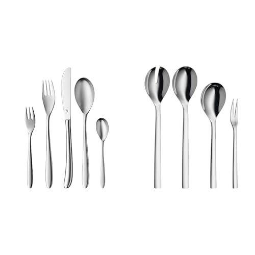 WMF Silk Besteck Set 12 Personen, Essbesteck 60 teilig, Monobloc-Messer &amp; Nuova Servierteile Set 4-t