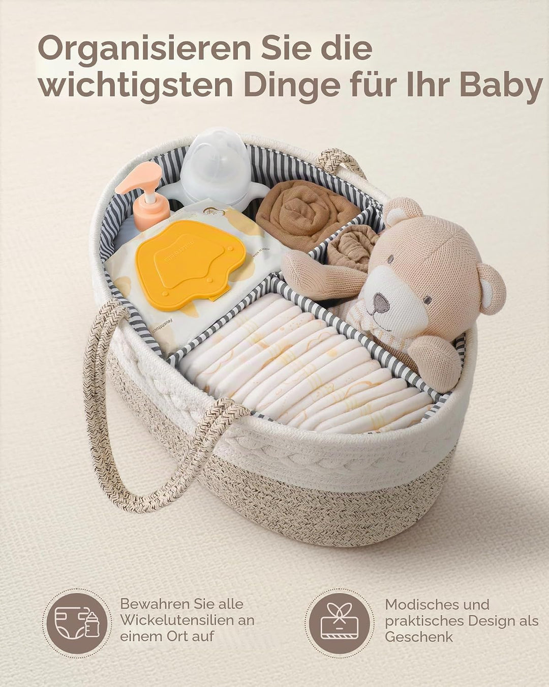 Maliton Baby Windel Caddy Organizer，Wickeltisch Organizer Aufbewahrungskorb mit Herausnehmbaren Fäch