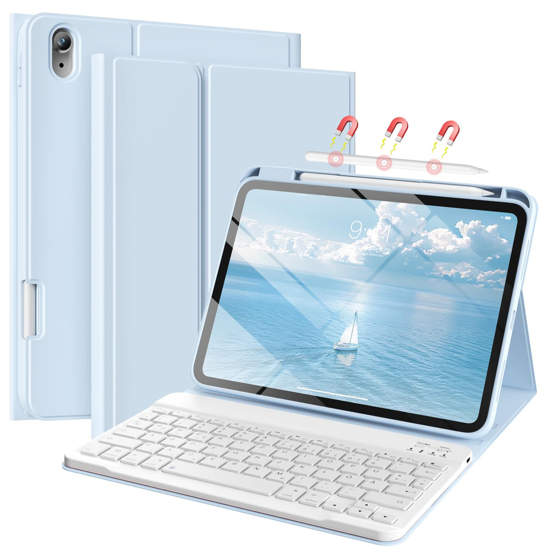 Hülle mit Tastatur für iPad 11/10 Generation mit Stifthalter, Magnetisch Abnehmbare Kabellose Blueto