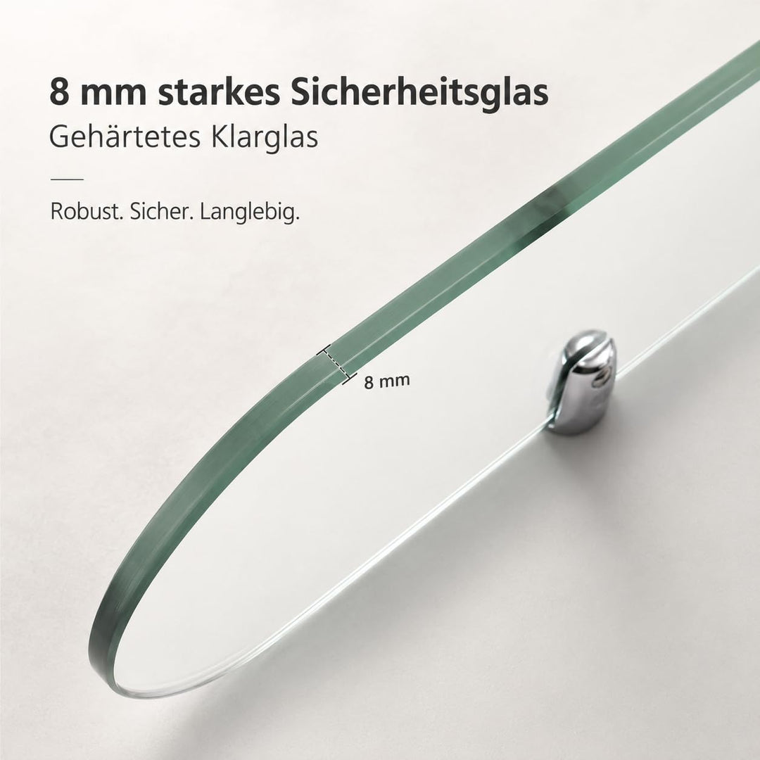 Glasregal Glasablage Wandregal Glas 8mm Hartglas,Klarglas + Chrom Glasklemme,Glas Regal für Badezimm