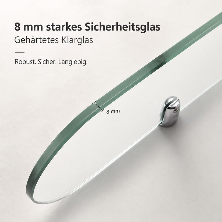 Glasregal Glasablage Wandregal Glas 8mm Hartglas,Klarglas + Chrom Glasklemme,Glas Regal für Badezimm
