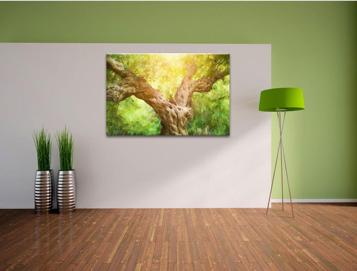 Pixxprint Mächtiger Baum im Wald Kunst Pinsel Effekt, Format: 100x70 auf Leinwand, XXL riesige Bilde