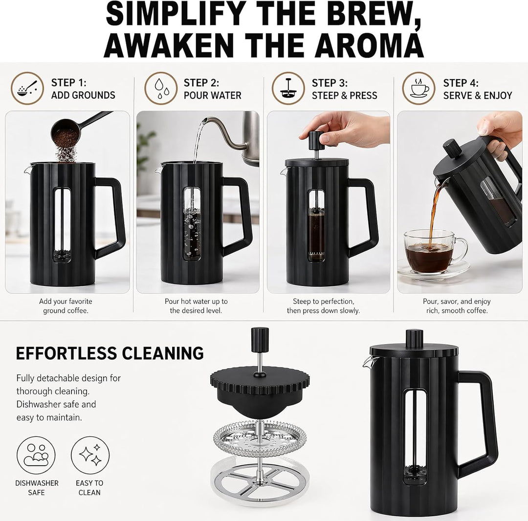 French Press Kaffeepresse 1000ml/34oz, Kaffeezubereiter aus heissfestem Glas mit Edelstahlfilter, BP
