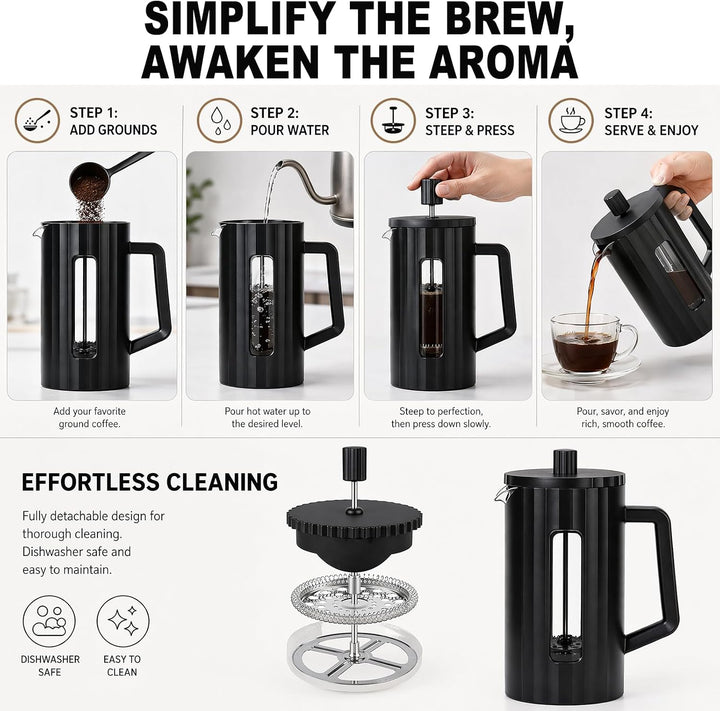 French Press Kaffeepresse 1000ml/34oz, Kaffeezubereiter aus heissfestem Glas mit Edelstahlfilter, BP