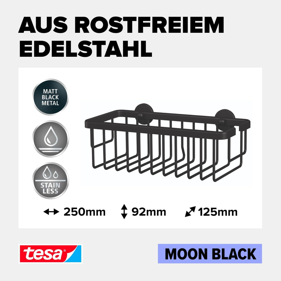 tesa Moon Black Duschablage zur Wandmontage ohne Bohren, schwarz matt - einstöckig und extra tief -