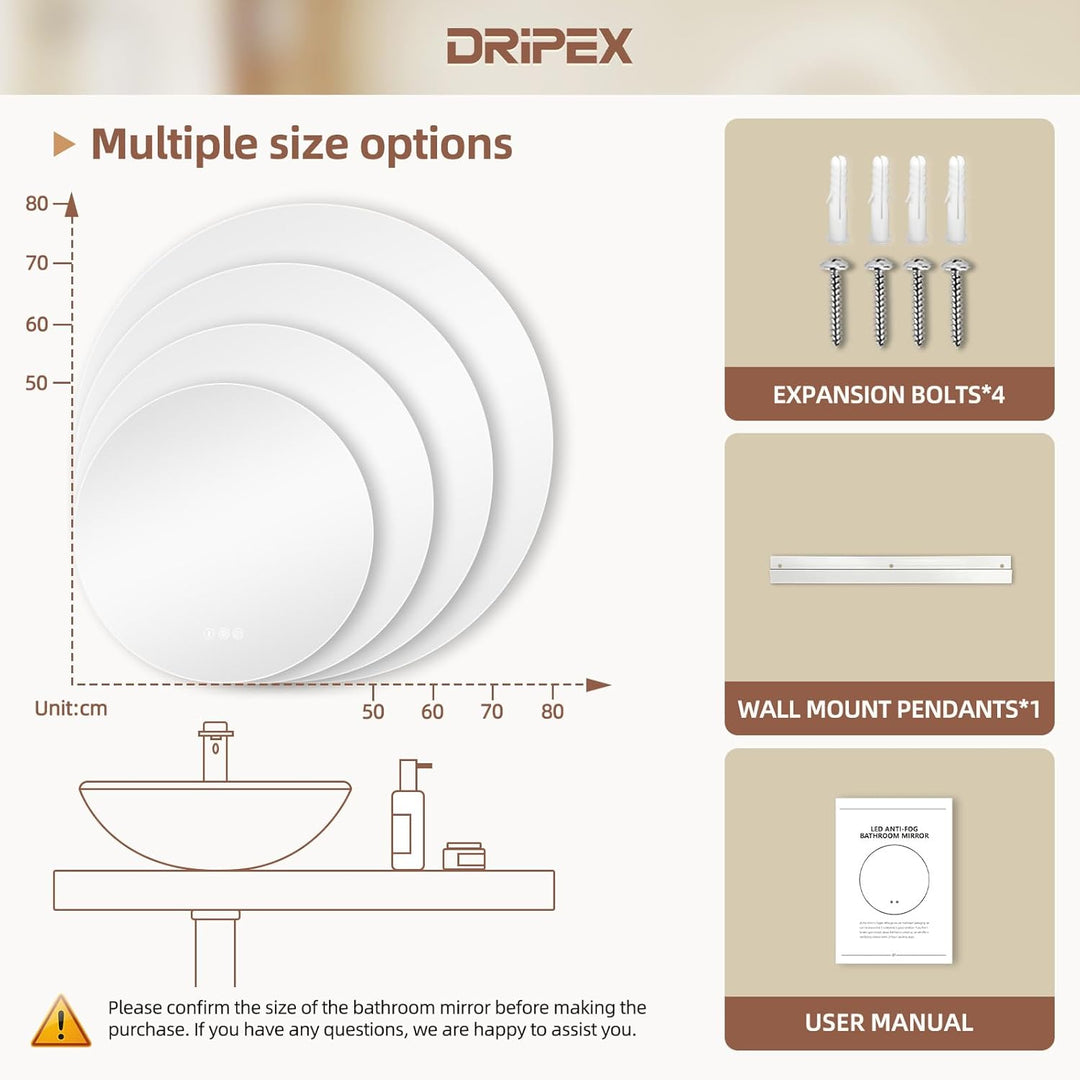 Dripex Badezimmerspiegel Led Badspiegel Rund, Touch-Schalter, Dimmbar, 3 Lichtfarbe Einstellbare Spi