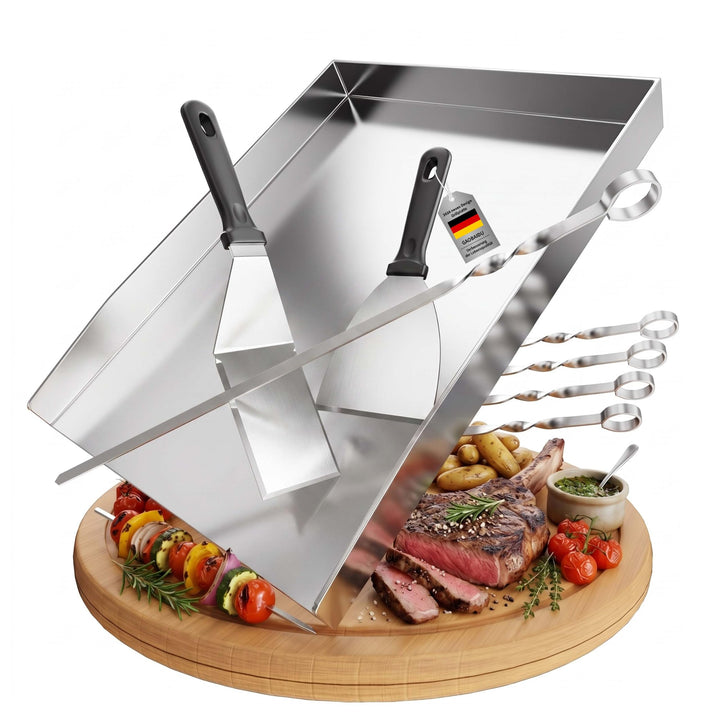 Edelstahl-Grillplatte – Dick &amp; Rostfrei, inkl. 2 Grillspachteln &amp; 5 Spiessen – Für die meisten Gas-