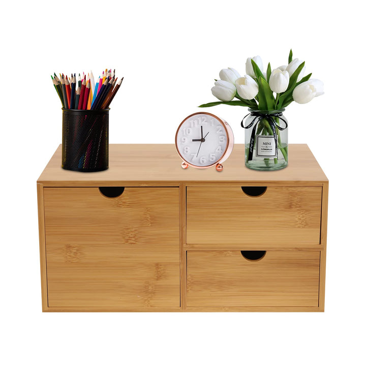 Natur Schreibtisch Organizer, Ablage Büroorganizer mit 3 Schubladen für Büroutensilien, Bambus Schub