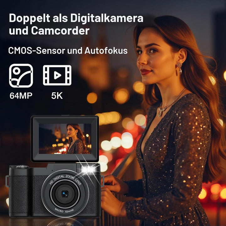 5K Digitalkamera mit WLAN für Fotografie, 64MP Vlogging-Kamera mit Flip-Bildschirm für YouTube, inkl