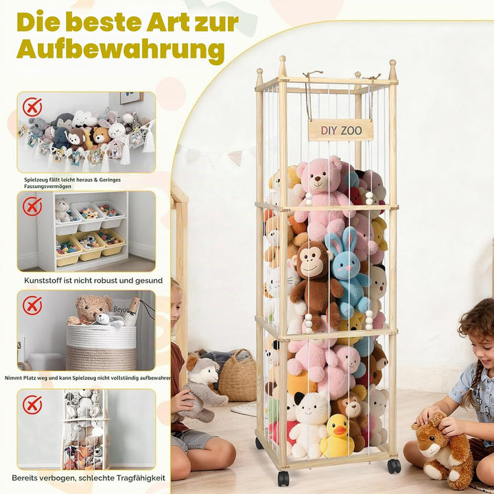 Aufbewahrung Kuscheltiere, 138x40x40CM Massivholz, 360° Drehbar und Arretierbar Plüschtier Aufbewahr