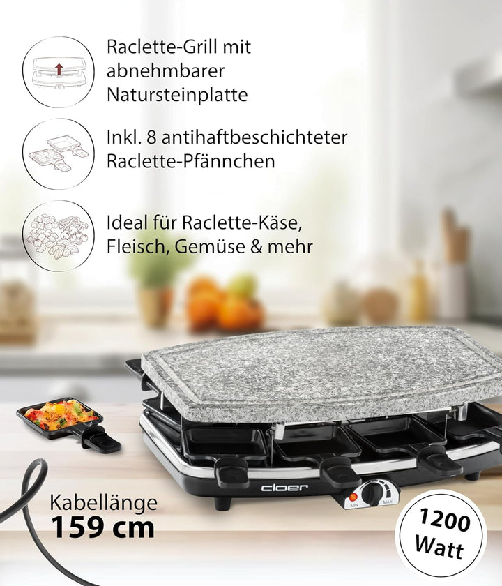 Cloer 6430 Raclette-Grill mit Naturstein, (1200 Watt, 8 Pfännchen antihaftbeschichtet mit wärmeisoli
