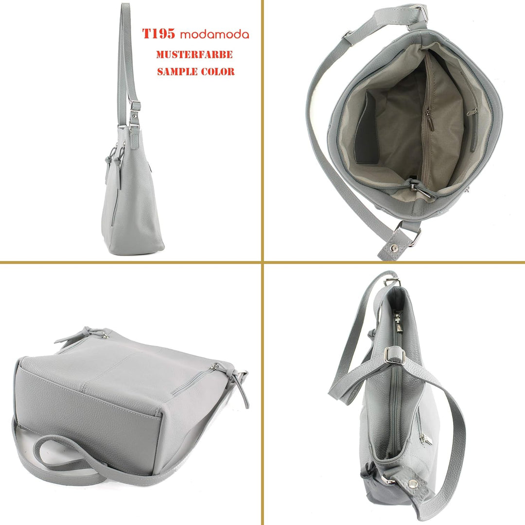 modamoda de - T195 - ital Umhängetasche Schultertasche aus Leder Beige, Beige