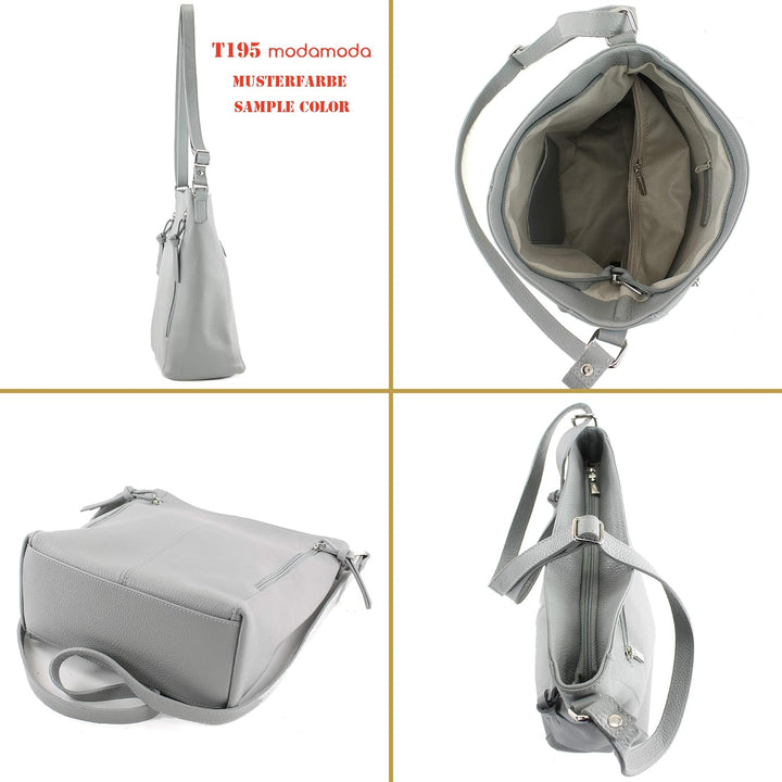 modamoda de - T195 - ital Umhängetasche Schultertasche aus Leder Beige, Beige