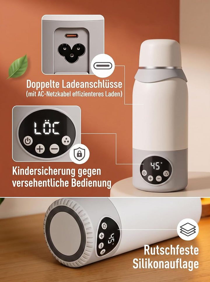 Tragbarer Flaschenwärmer für Baby unterwegs, 500ml Babyflaschenwärmer, 320W Schnellwärmung，unterstüt