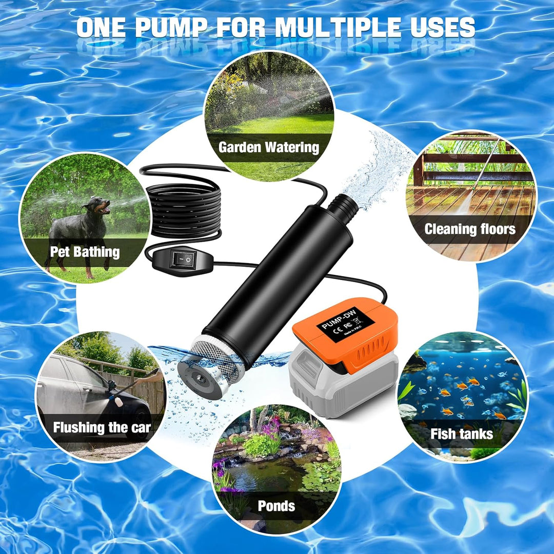 Tragbare Wasserpumpe Sumpfpumpe für DeWalt 18V 20V 60V Lithium Akku, 120W, 12V Regenfass Wassertrans