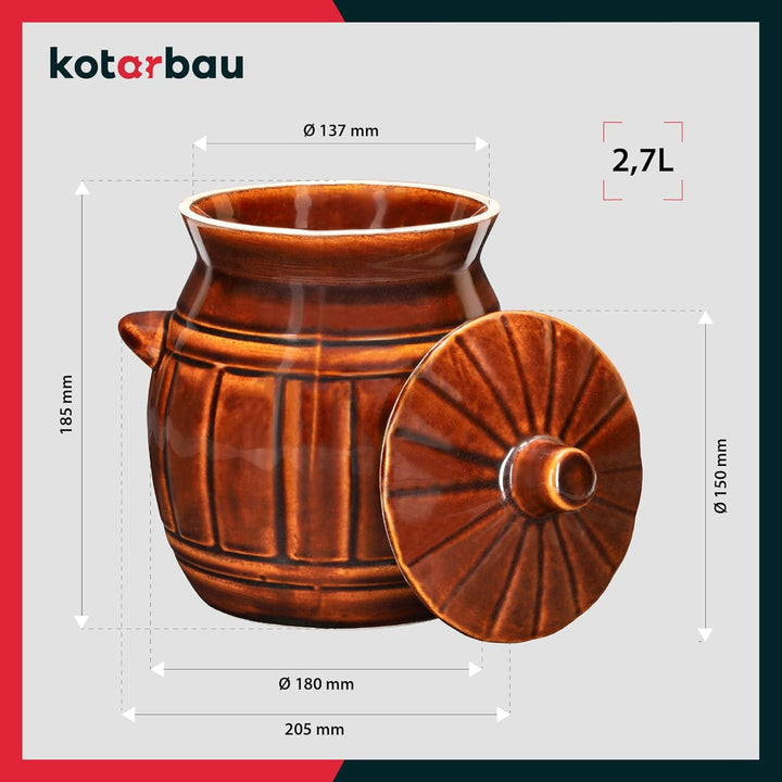 KOTARBAU® Keramik Gärtopf 2,7 L Braun Gurkentopf mit Deckel Sauerkrauttopf aus Steinzeug Einmachtopf