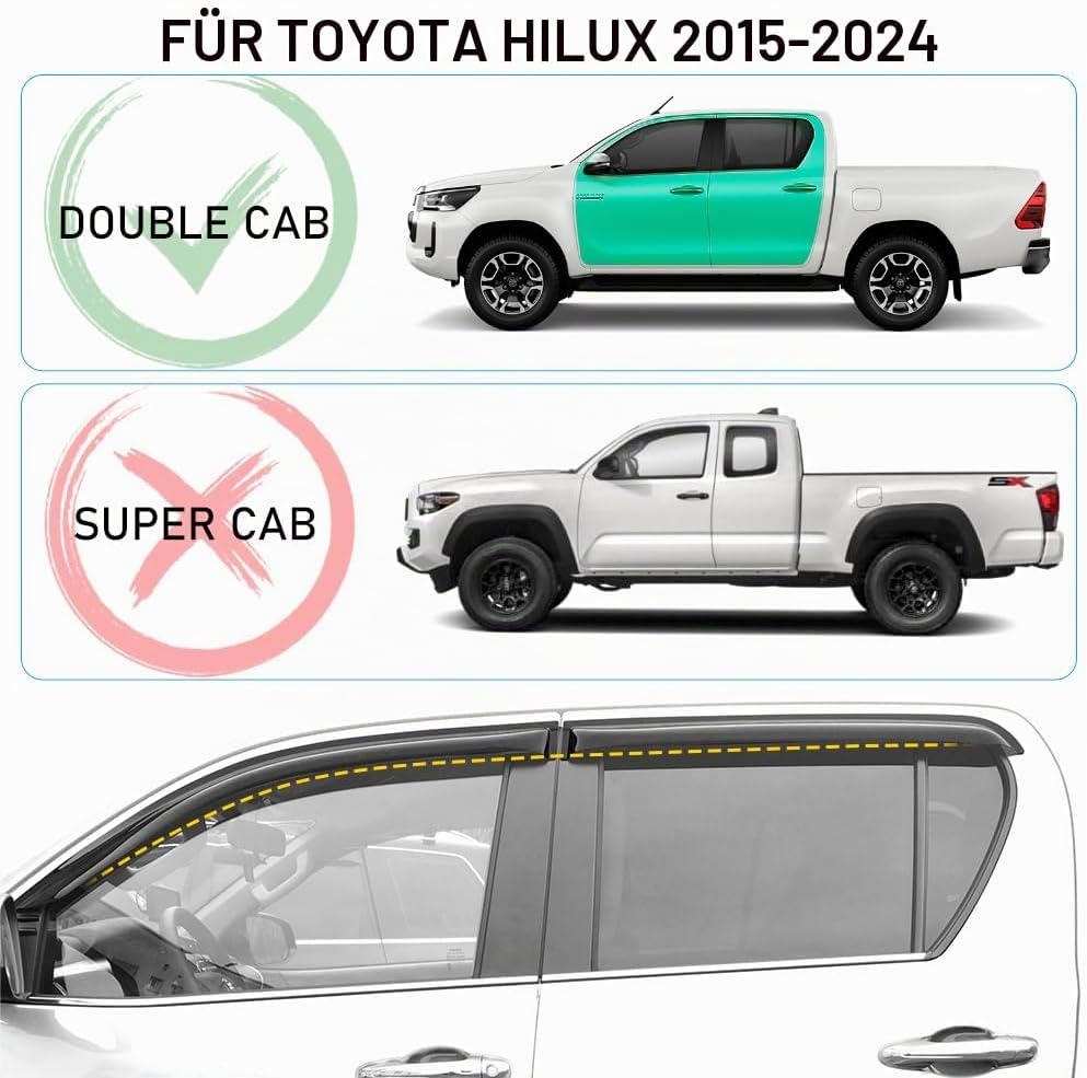 JHCHAN 4PCS Windabweiser Regenabweiser Rauch Schwarz für Toyota Hilux Revo 2015-2023 MK8 Pick-up Dop