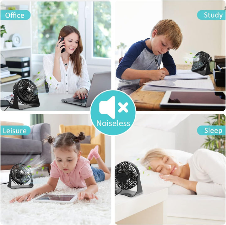 OUILA Mini Leise Ventilator, 3 Geschwindigkeitsstufen Tischventilator mit 1.2m USB Kable, 360°Drehei