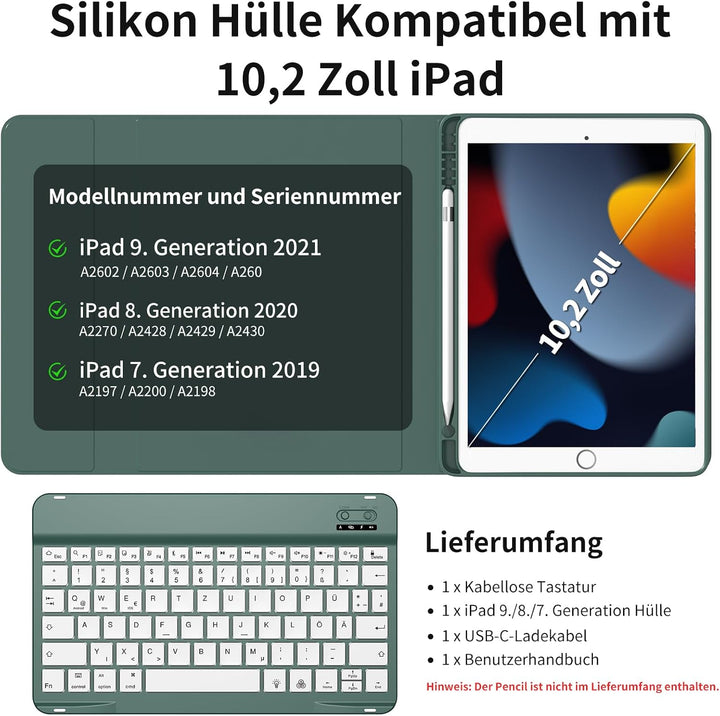 Tastatur mit Hülle für iPad 9/8/7 Generation 10,2 Zoll, Grün, Grün