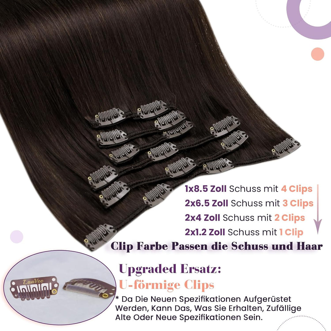 LaaVoo Clip in Extensions Echthaar Braun Echthaar Extensions Clip Dunkelbraun Haarverlängerung Echth