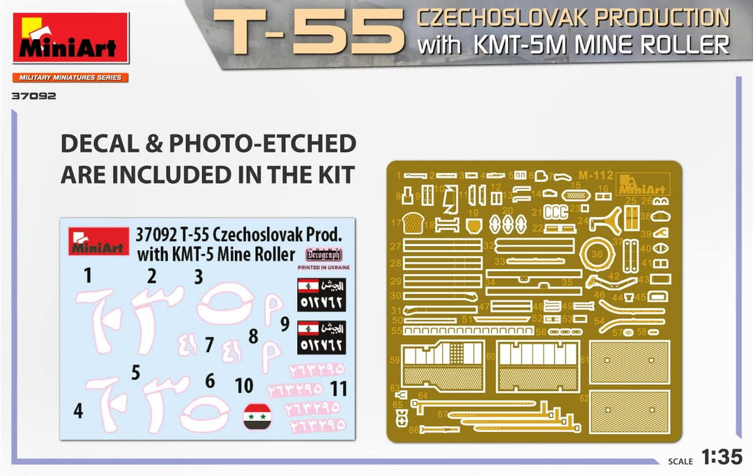 Mini Art 37092 1:35 T-55 CZ Prod. M. KMT-5M Minenwalze-originalgetreue Nachbildung, Modellbau, Plast