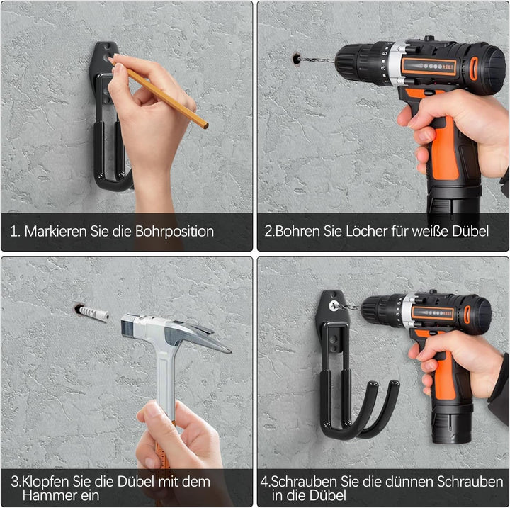 3-H Wandhaken Garage, Doppelhaken, Gerätehaken 10 Stück, Wandhaken Schwerlast für Leiter, Werkzeuge,