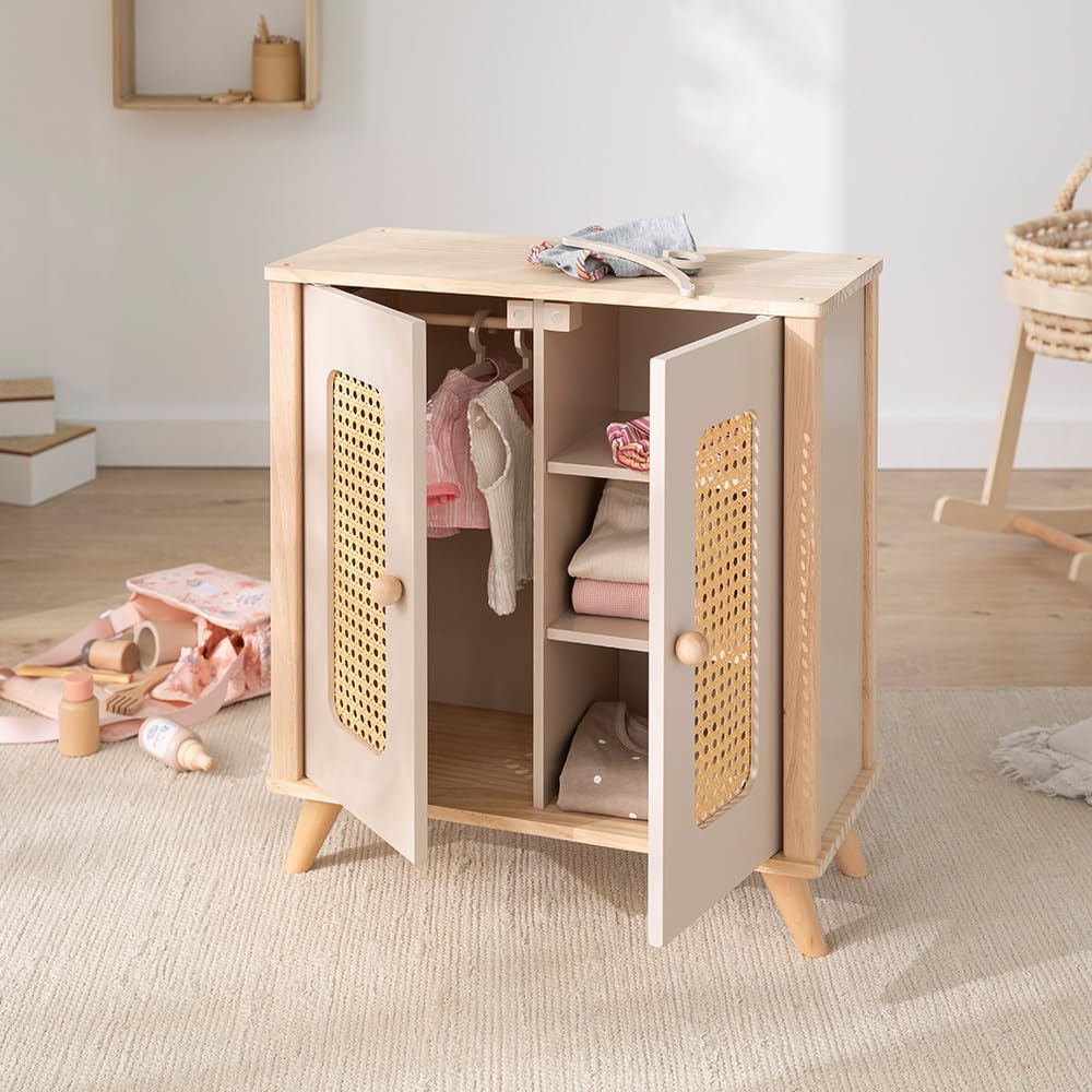 howa Puppenschrank Puppenkleiderschrank aus Holz miniflowers Puppenmöbel mit Kleiderstange, Regalen