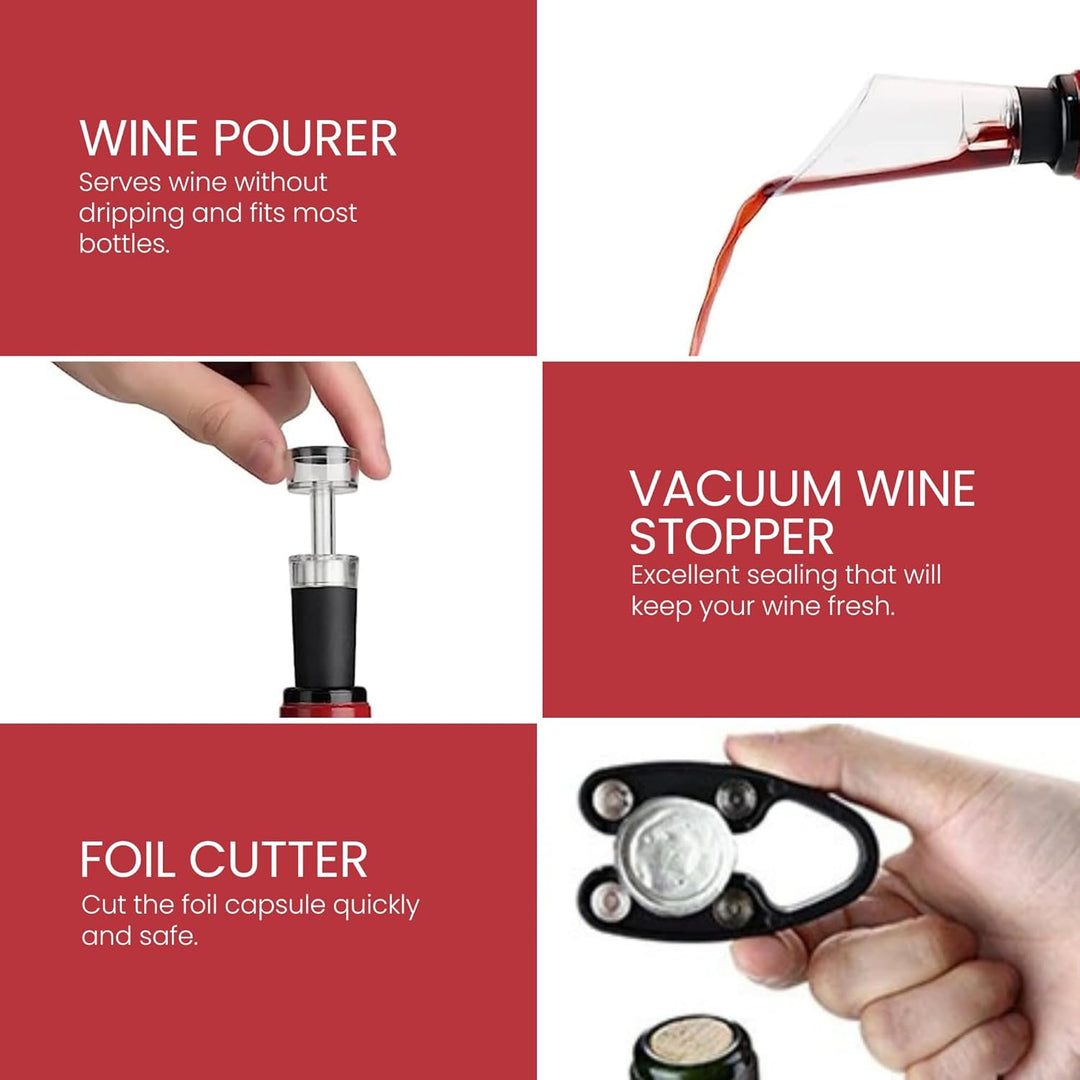 Elektrischer Korkenzieher Wein. Weinöffner mit Folienschneider, Weinausgiesser, Vakuumstopfen. Autom