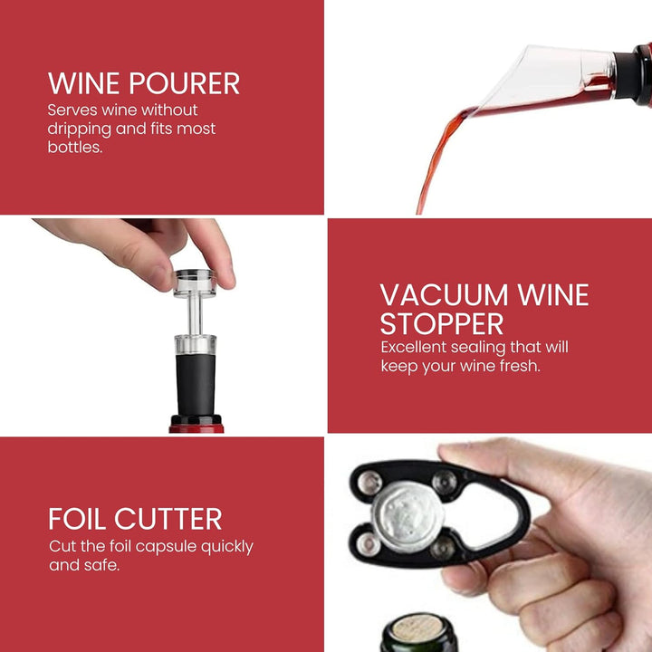 Elektrischer Korkenzieher Wein. Weinöffner mit Folienschneider, Weinausgiesser, Vakuumstopfen. Autom