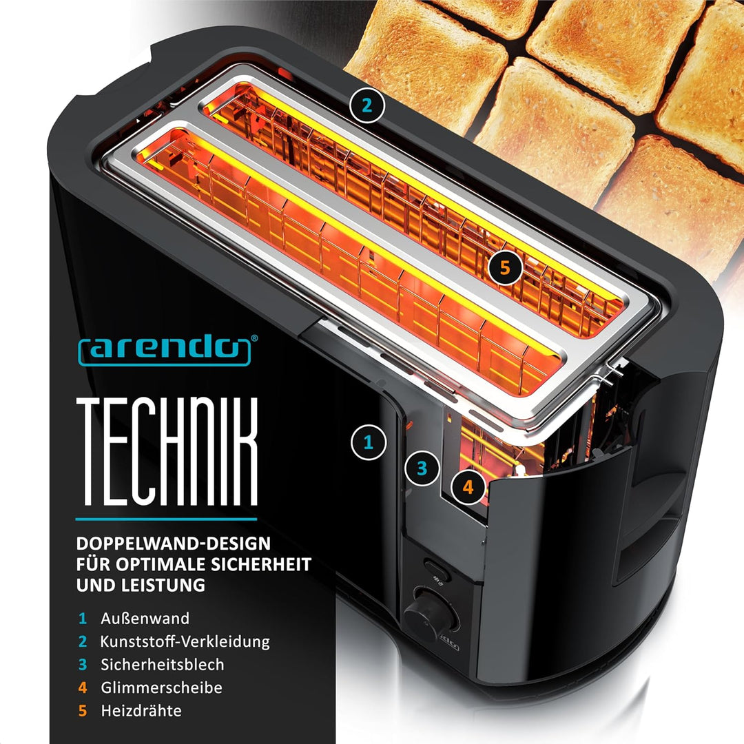 Arendo - Edelstahl Toaster Langschlitz 4 Scheiben - Defrost Funktion - wärmeisolierendes Gehäuse - m