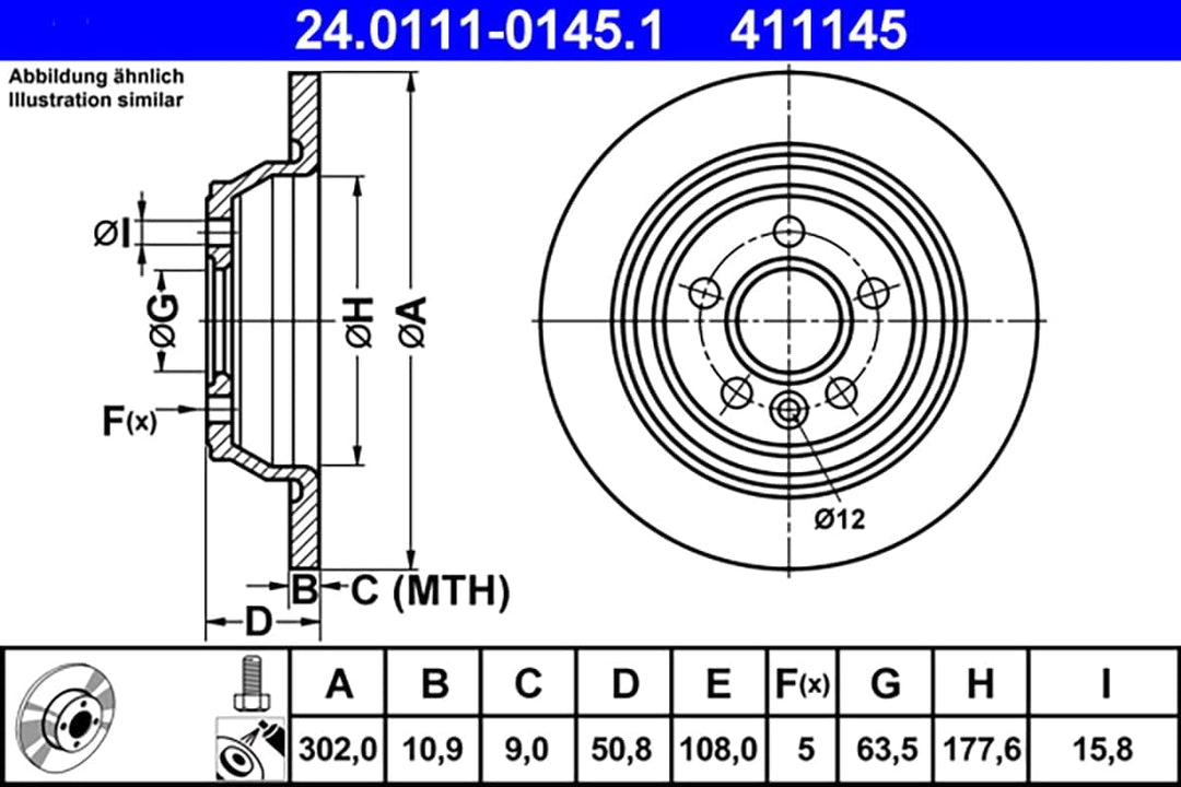 ATE Original Bremsscheibe - 2 Bremsscheiben - 24.0111-0145.1 - ECE-R90 Strassenzulassung