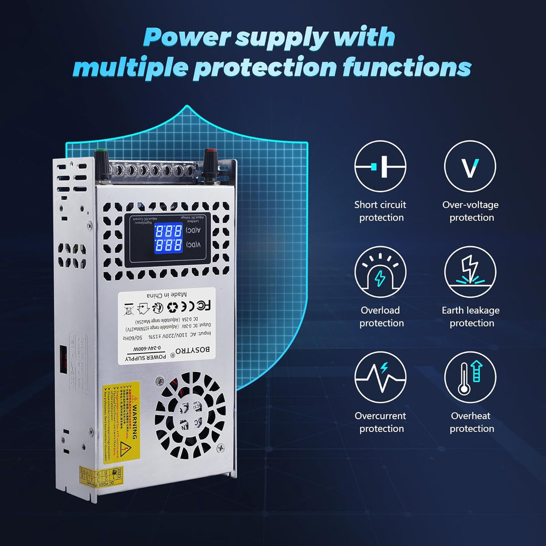BOSYTRO Einstellbar Schaltnetzteil AC 110V/220V to DC 0-24V Transformator 25A 600W Spannung Digitala