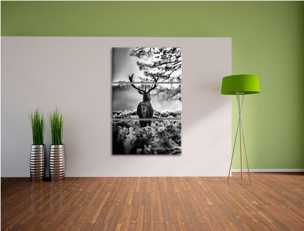Pixxprint Monocrome, Hirsch Rivalen kämpfen 3-Teiler Leinwandbild 120x80 Bild auf Leinwand