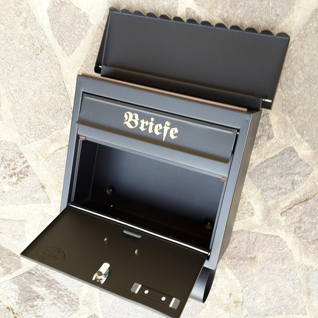 Grosser Briefkasten/Postkasten XXL Schwarz matt mit Zeitungsrolle Flachdach Katalogeinwurf Zeitungsf